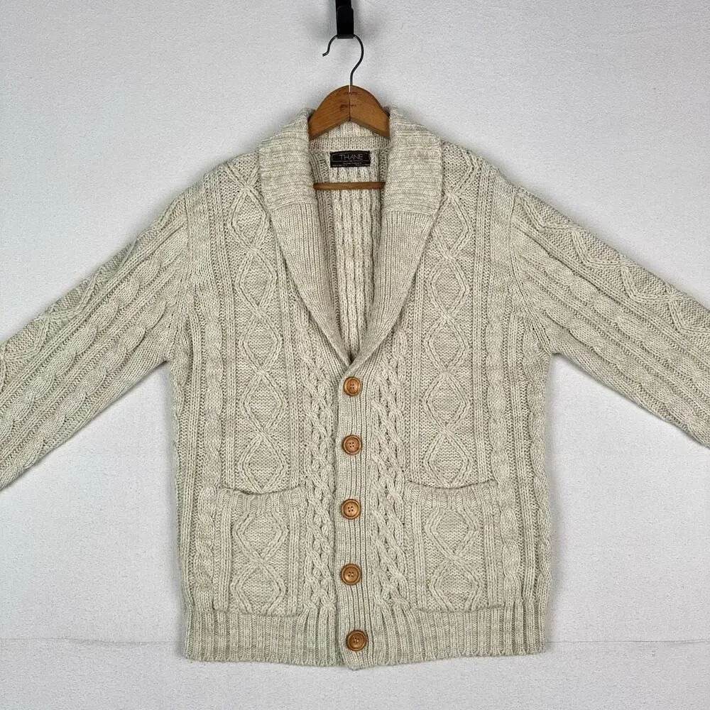 Vintage Thane Men’s Fisherman Cable Knit Cardigan Sweater Acrylic Cream‎ Medium